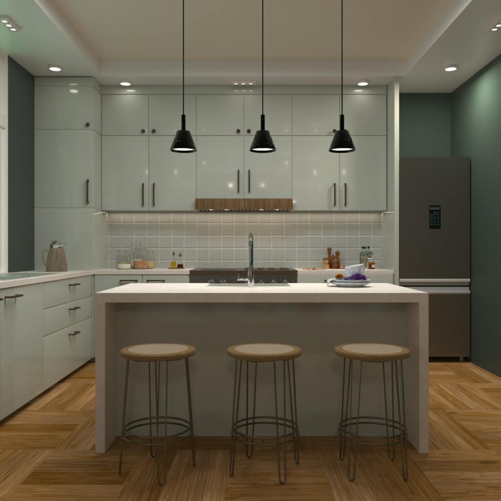 A chic, modern kitchen featuring an island, pendant lights, and a minimalist design.